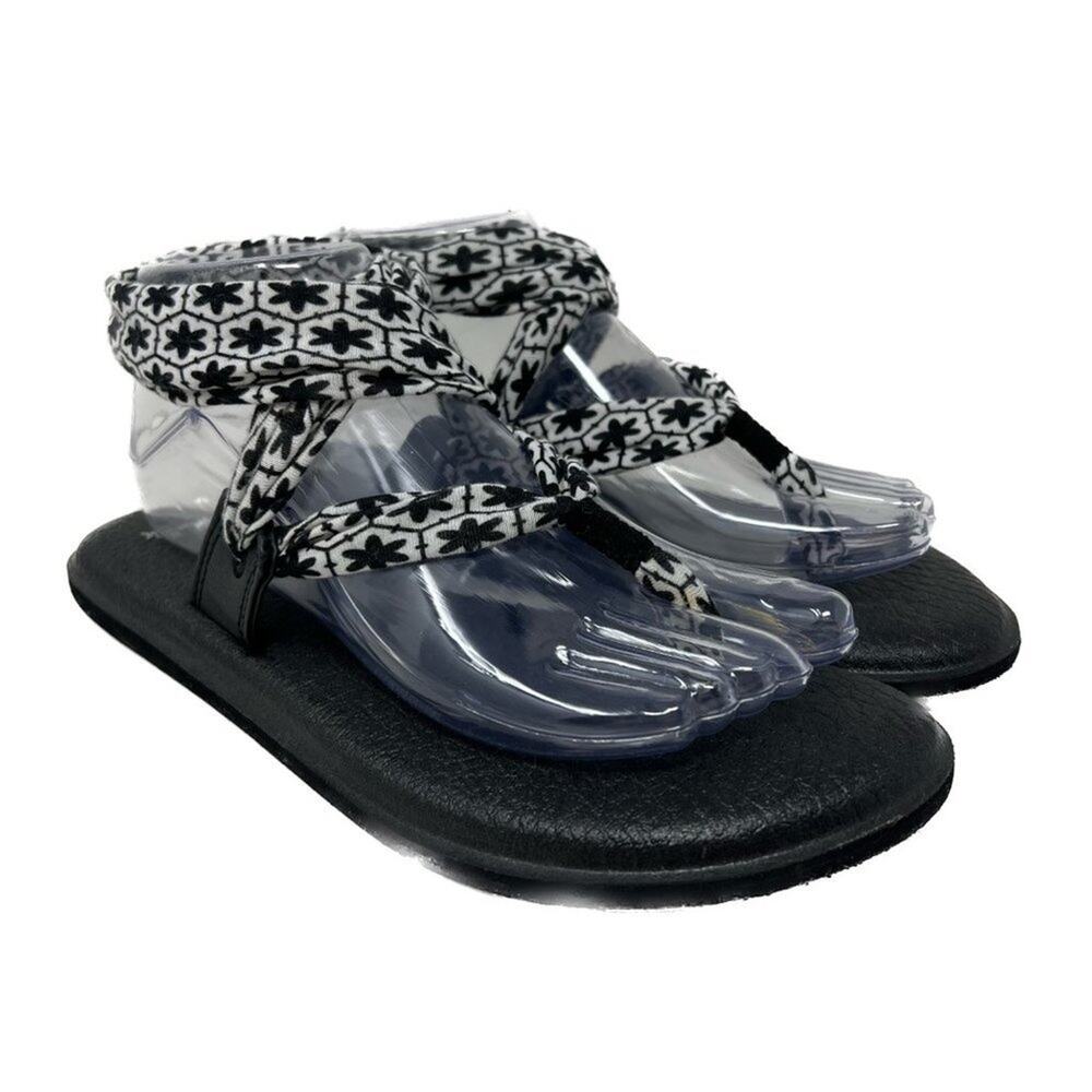 Sanuk Yoga Mat Slingback Black White Floral Sandals 8
